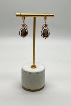 Brown Smoky Quartz Tear Pear Drop Shape Diamond Spiral 14K Rose Gold Earrings