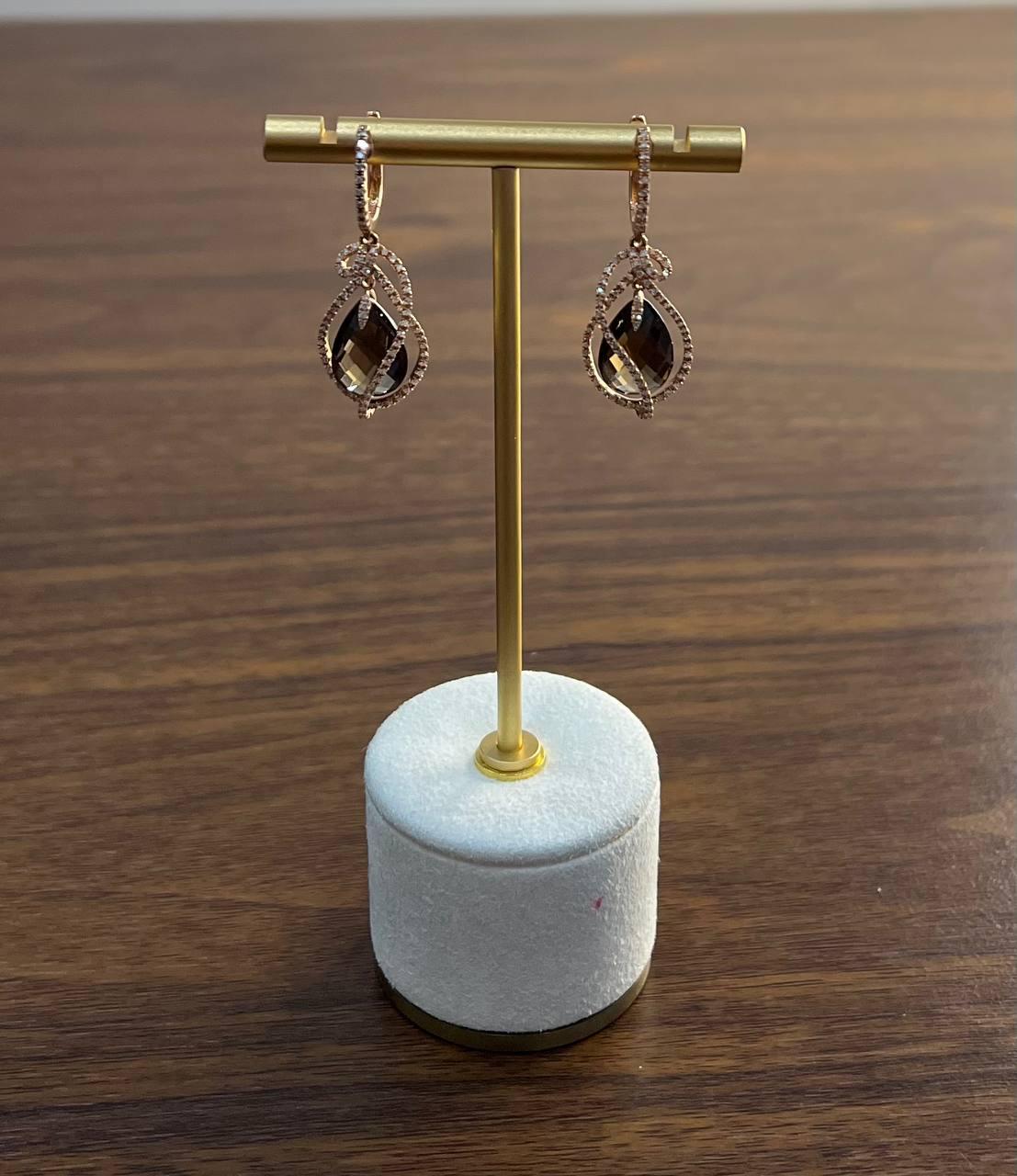 Orecchini in oro rosa 14K con diamanti a forma di goccia di pera di quarzo fumé marrone in vendita 1
