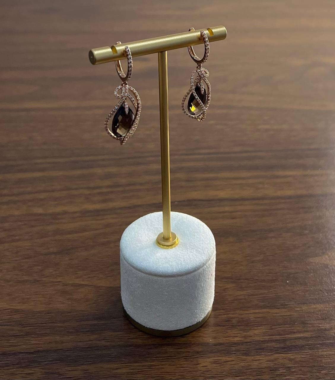 Orecchini in oro rosa 14K con diamanti a forma di goccia di pera di quarzo fumé marrone in vendita 2
