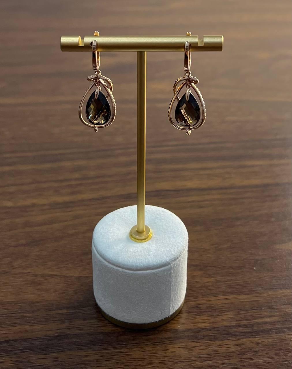 Orecchini in oro rosa 14K con diamanti a forma di goccia di pera di quarzo fumé marrone in vendita 3