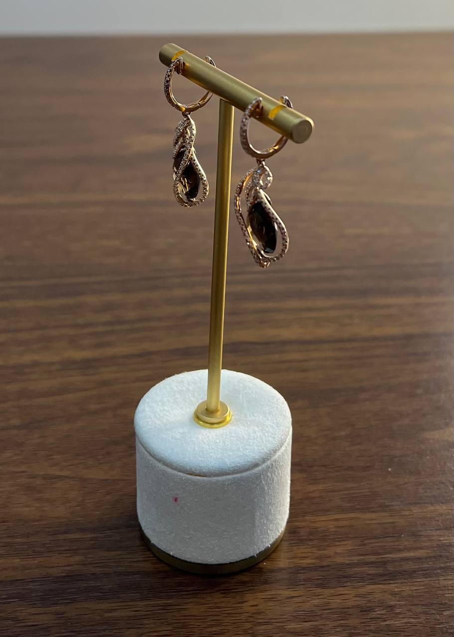 Orecchini in oro rosa 14K con diamanti a forma di goccia di pera di quarzo fumé marrone in vendita 4