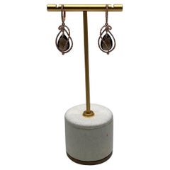 Brown Smoky Quartz Tear Pear Drop Shape Diamond Spiral 14K Rose Gold Earrings