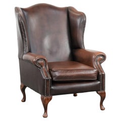 Brown smooth cow leather Chesterfield wingback armchair in English style