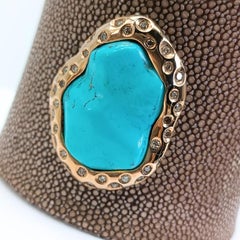 Stingray Leather Cuff Bracelet, Baroque Turquoise, Diamonds and 18K Rose Gold