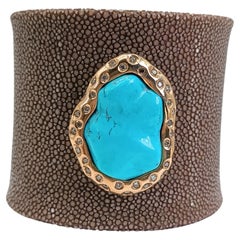 Stingray Leather Cuff Bracelet, Baroque Turquoise, Diamonds and 18K Rose Gold