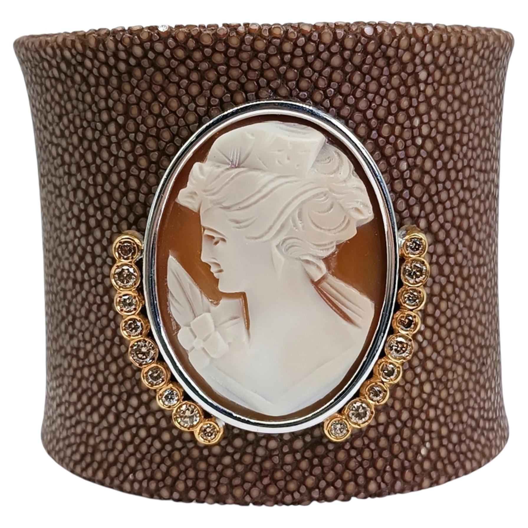Stingray Leather Cuff Bracelet with Cameo, Brown Diamonds and 18K Gold, 2014