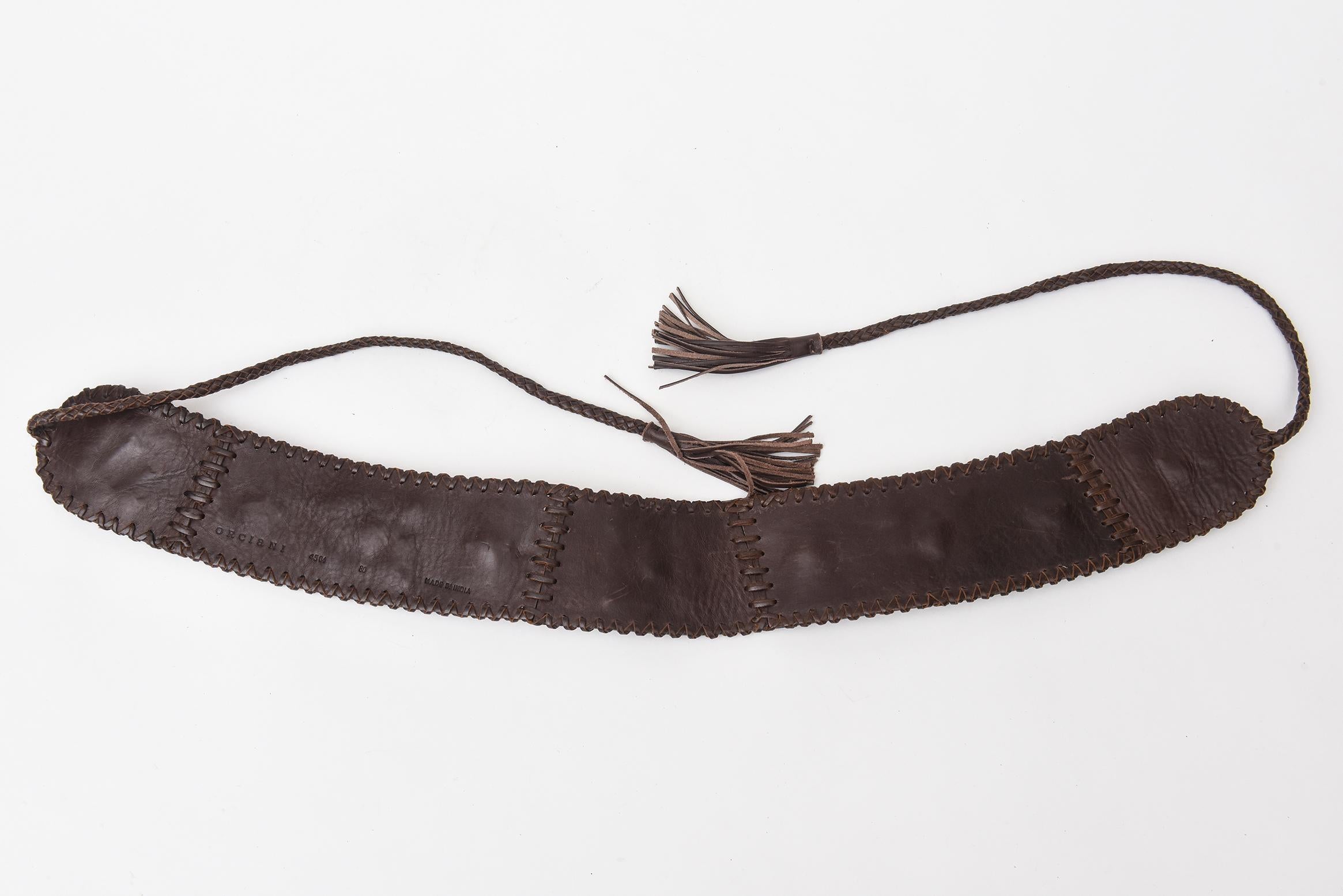 Brown Stitched Leather And Colored Agate Stones Tie Waist Belt with Tassels In Good Condition For Sale In North Miami, FL