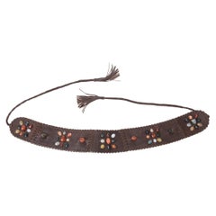 Vintage Brown Stitched Leather And Colored Agate Stones Tie Waist Belt with Tassels