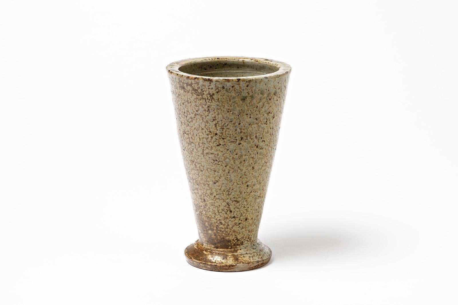 Mid-Century Modern Brown Stoneware Ceramic Conical Vase Midcentury Design by Bernon For Sale