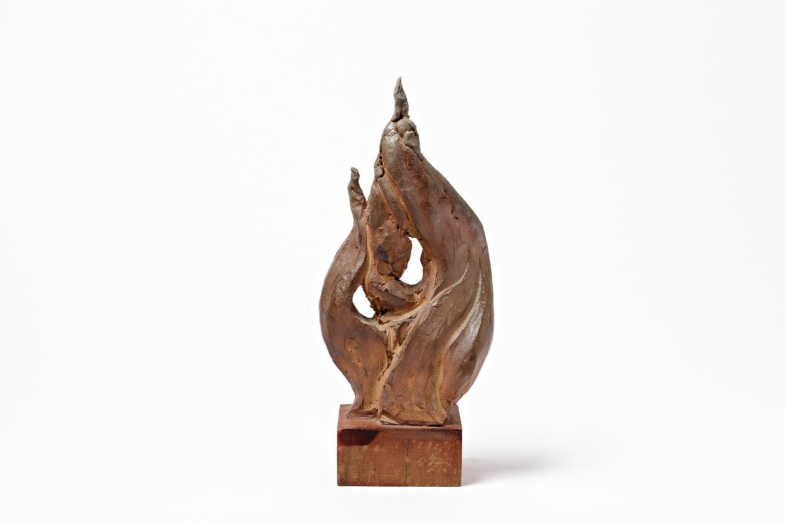 Mid-Century Modern Brown Stoneware Ceramic Flame Sculpture circa 1960 Attributed to Rozay La Borne For Sale