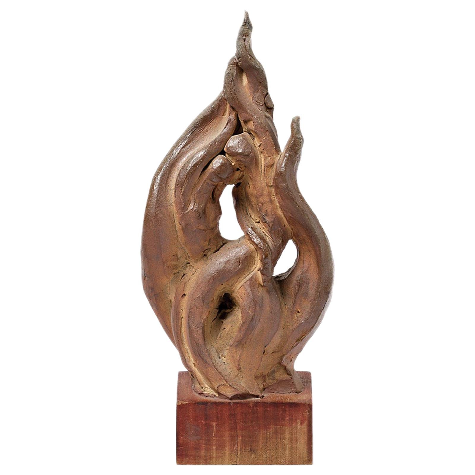 Braune Keramik-Flammen-Skulptur aus Steingut, um 1960, Rozay La Borne zugeschrieben