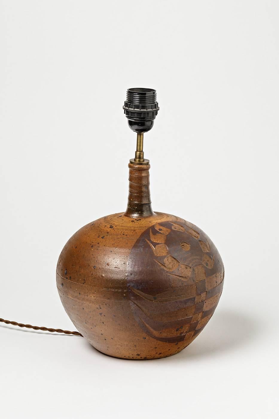 Fin du 20e siècle Lampe de table en céramique de grès brun de l'artiste français Pierre Digan La Borne en vente