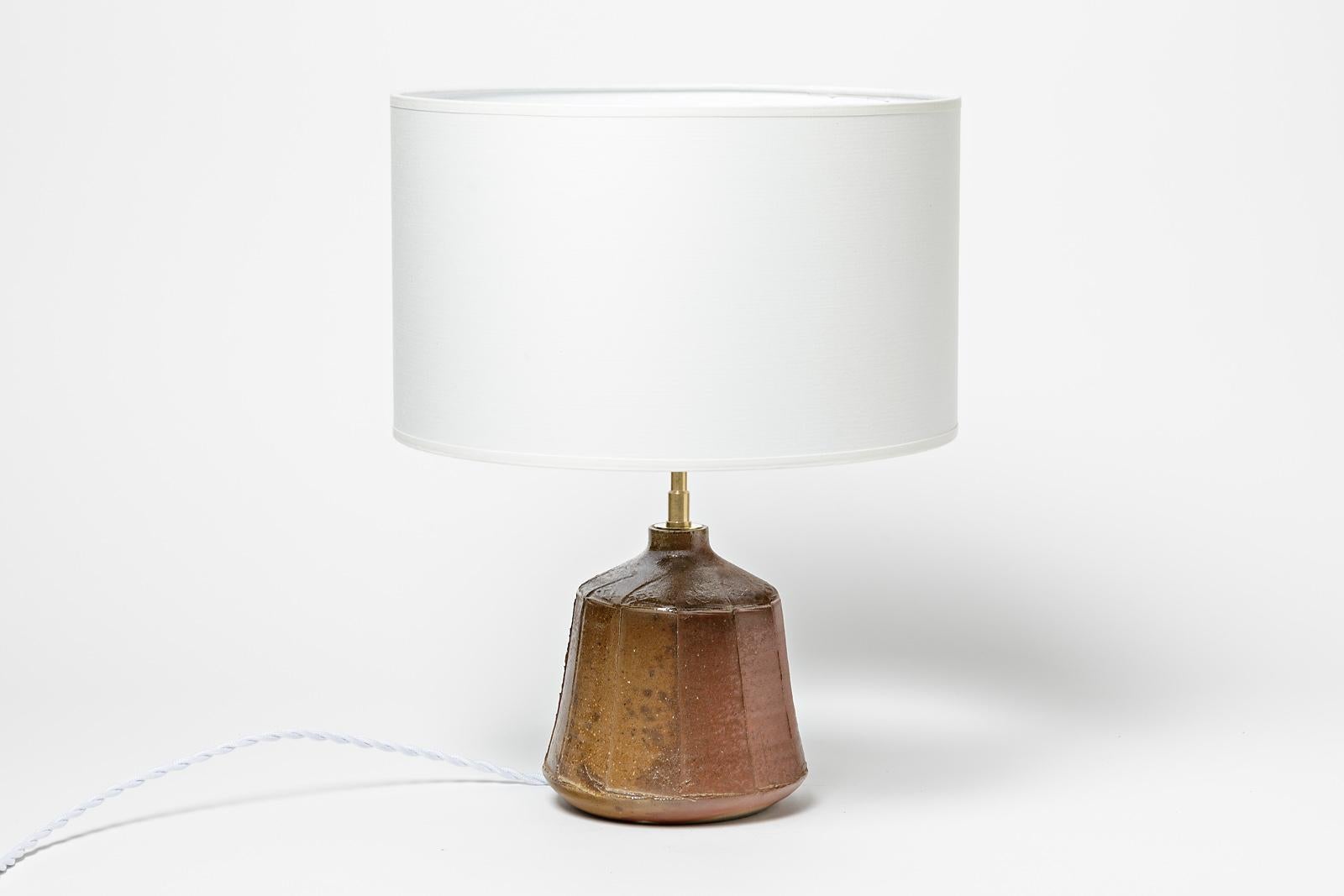 Braune Keramik-Tischlampe aus Steingut von La Borne Potters, um 1980, Design (Französisch) im Angebot