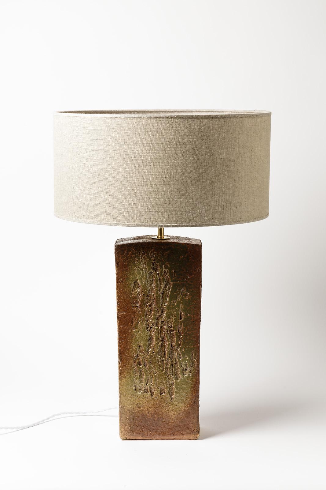 Brown Stoneware Ceramic Table Lamp circa 1980 handame 20th Century Lighting For Sale 3