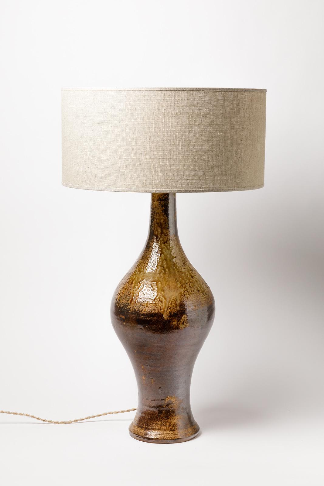 Brown Stoneware Ceramic Table Lamp Midcentury Handmade Design In Excellent Condition In Neuilly-en- sancerre, FR