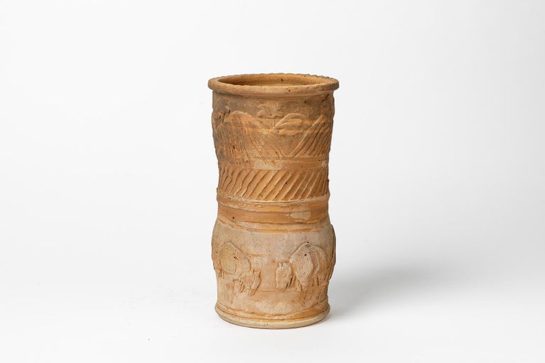 French Brown Stoneware Ceramic Vase by D Garet La Borne circa 1985 Animals Decoration For Sale