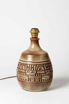 Brown Stoneware Geometric Decoration Ceramic Table Lamp by Bessone, 1970