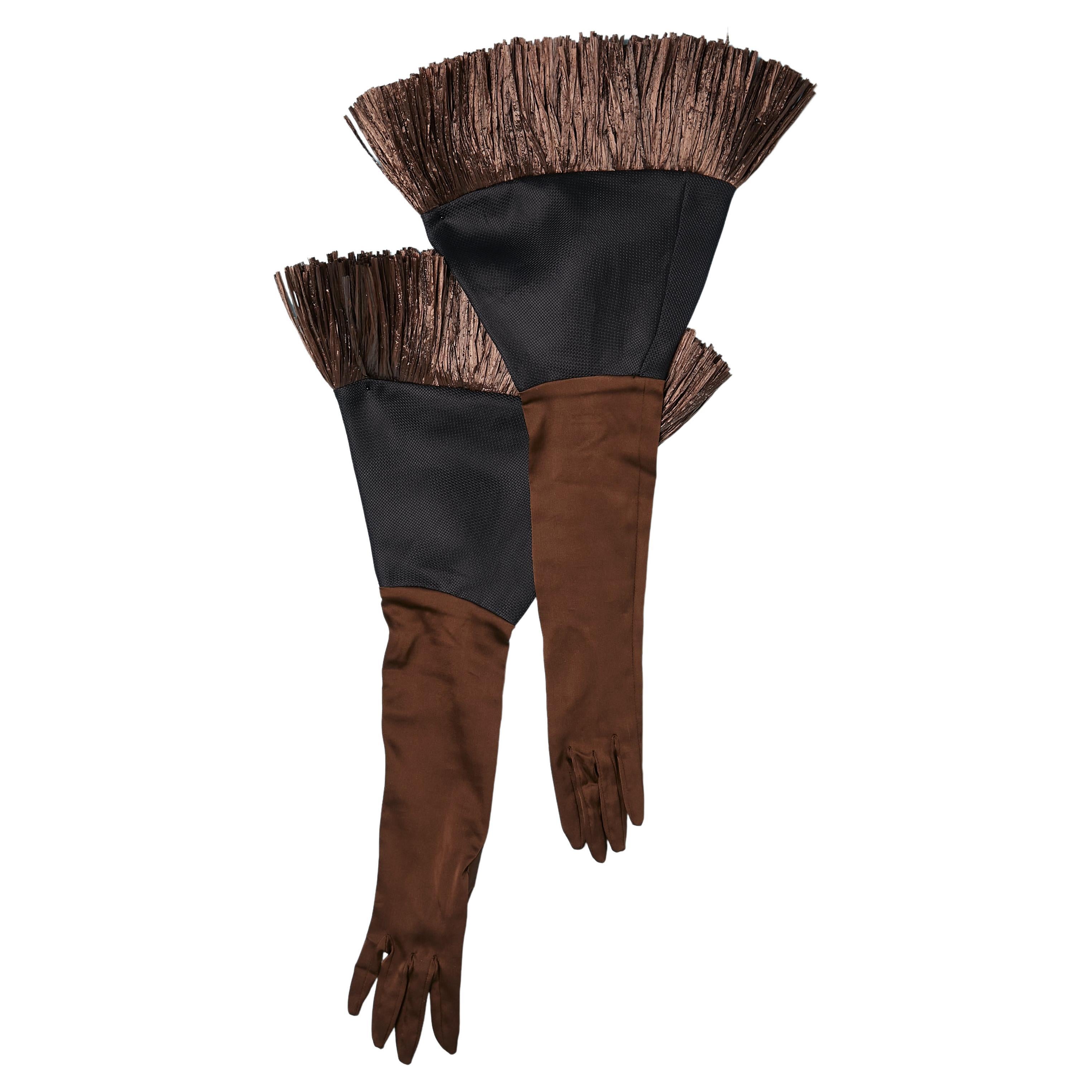 Brown stretch silk and raffia fringes edge gloves Isabel Canovas 
