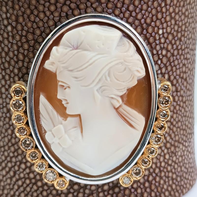 Brilliant Cut Brown stripe leather Bracelet with Cameo For Sale