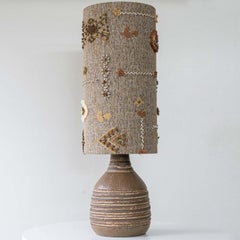 Brown Striped Ceramic Table Lamp, Custom Made Emboidered Lampshade by R. Houben