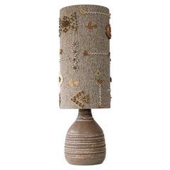 Brown Striped Ceramic Table Lamp, Custom Made Emboidered Lampshade by R. Houben