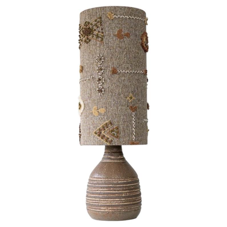 Brown Striped Ceramic Table Lamp, Custom Made Emboidered Lampshade by R. Houben