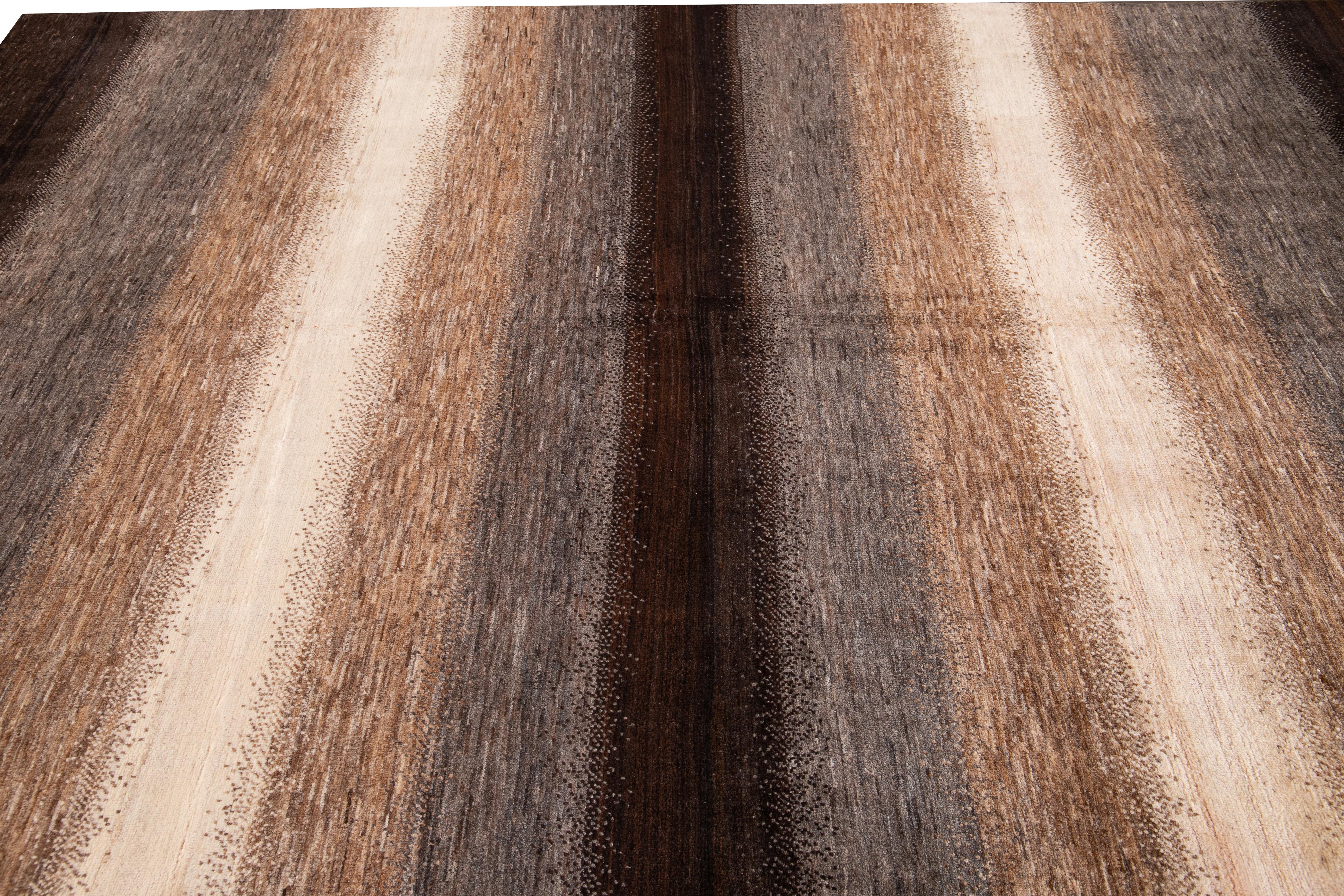 Contemporary Brown Striped Modern Gabbeh Handmade Wool Rug For Sale