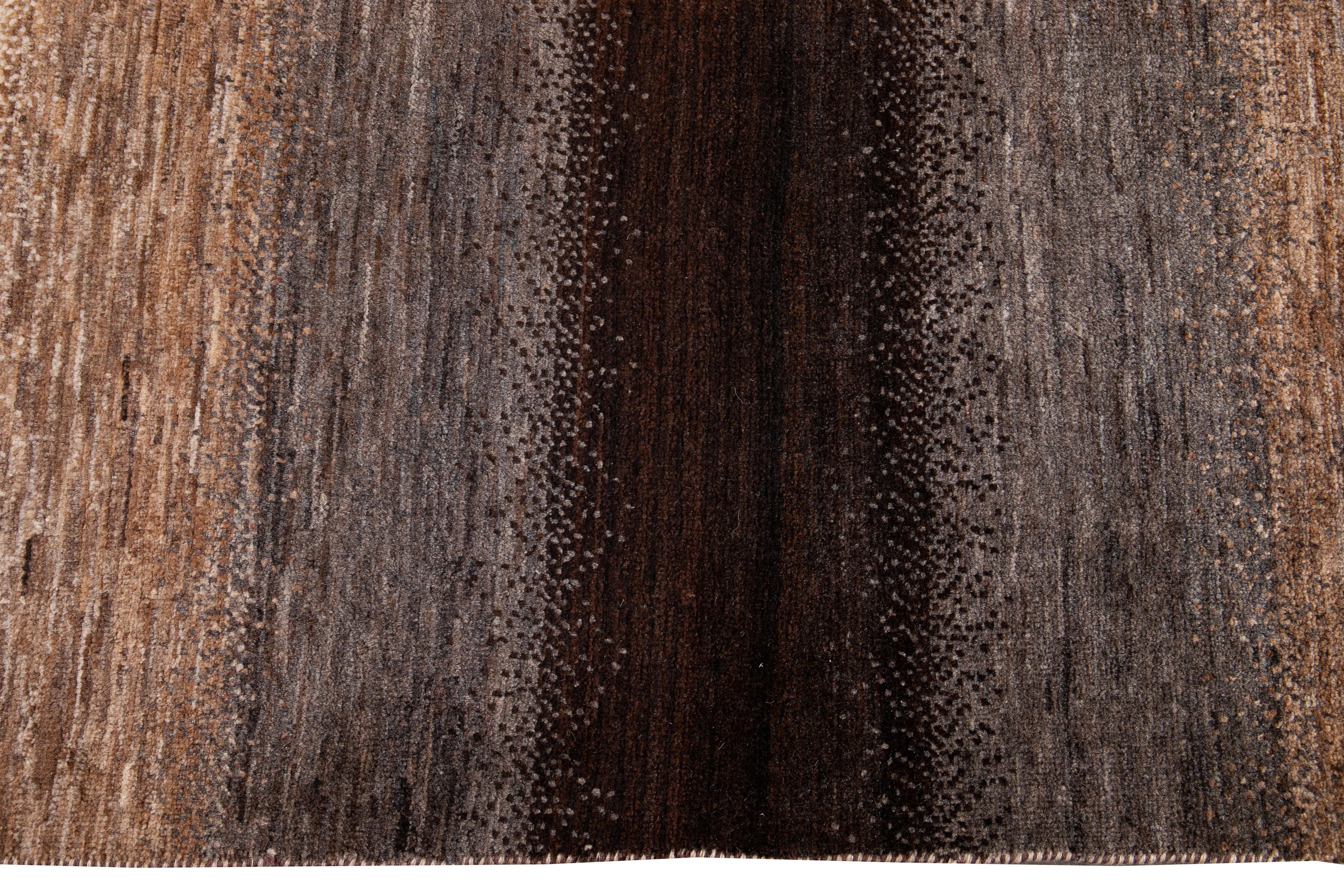 Brown Striped Modern Gabbeh Handmade Wool Rug For Sale 1
