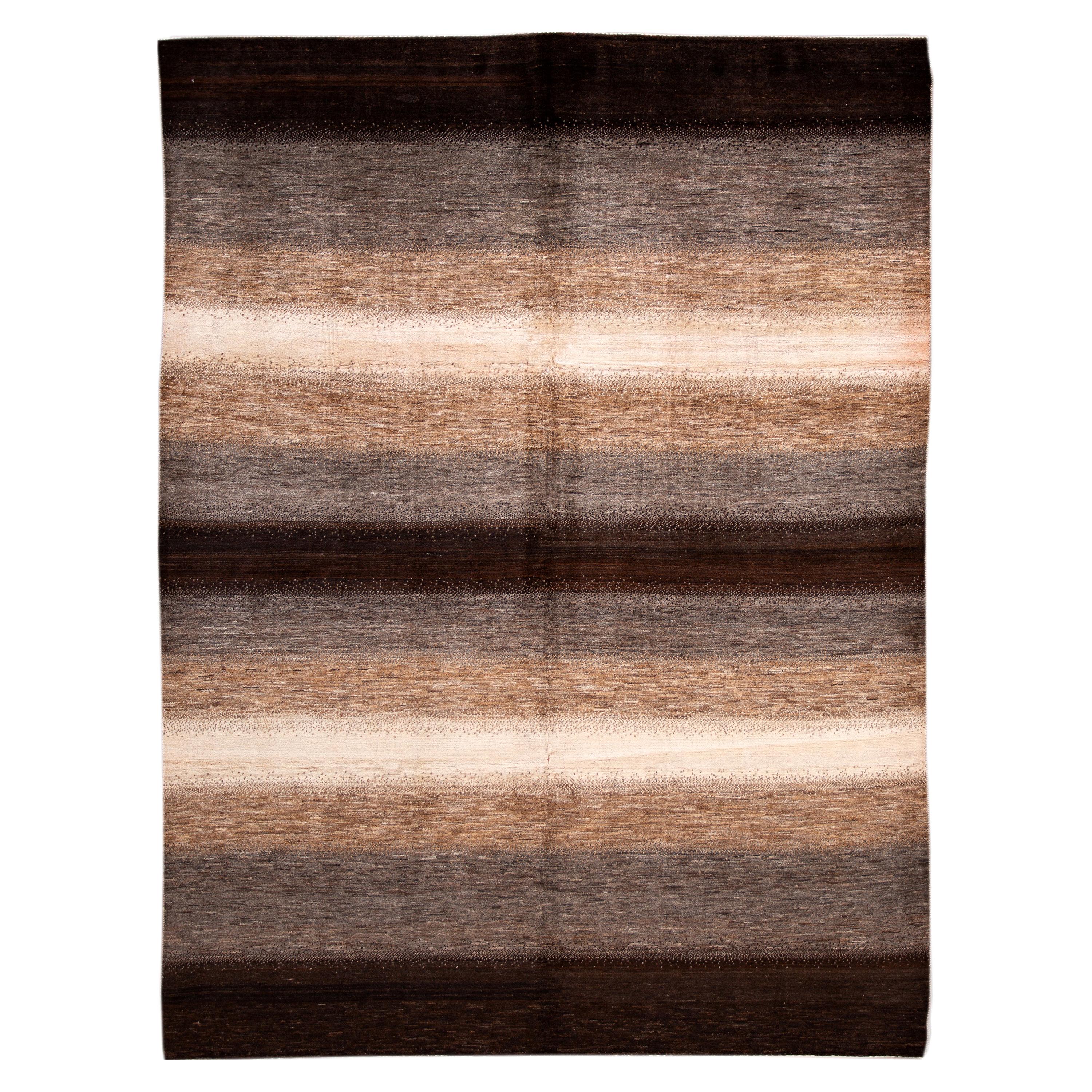 Brown Striped Modern Gabbeh Handmade Wool Rug