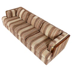 Brown Striped Oak Wood and Brass Accent Tuxedo Sofa