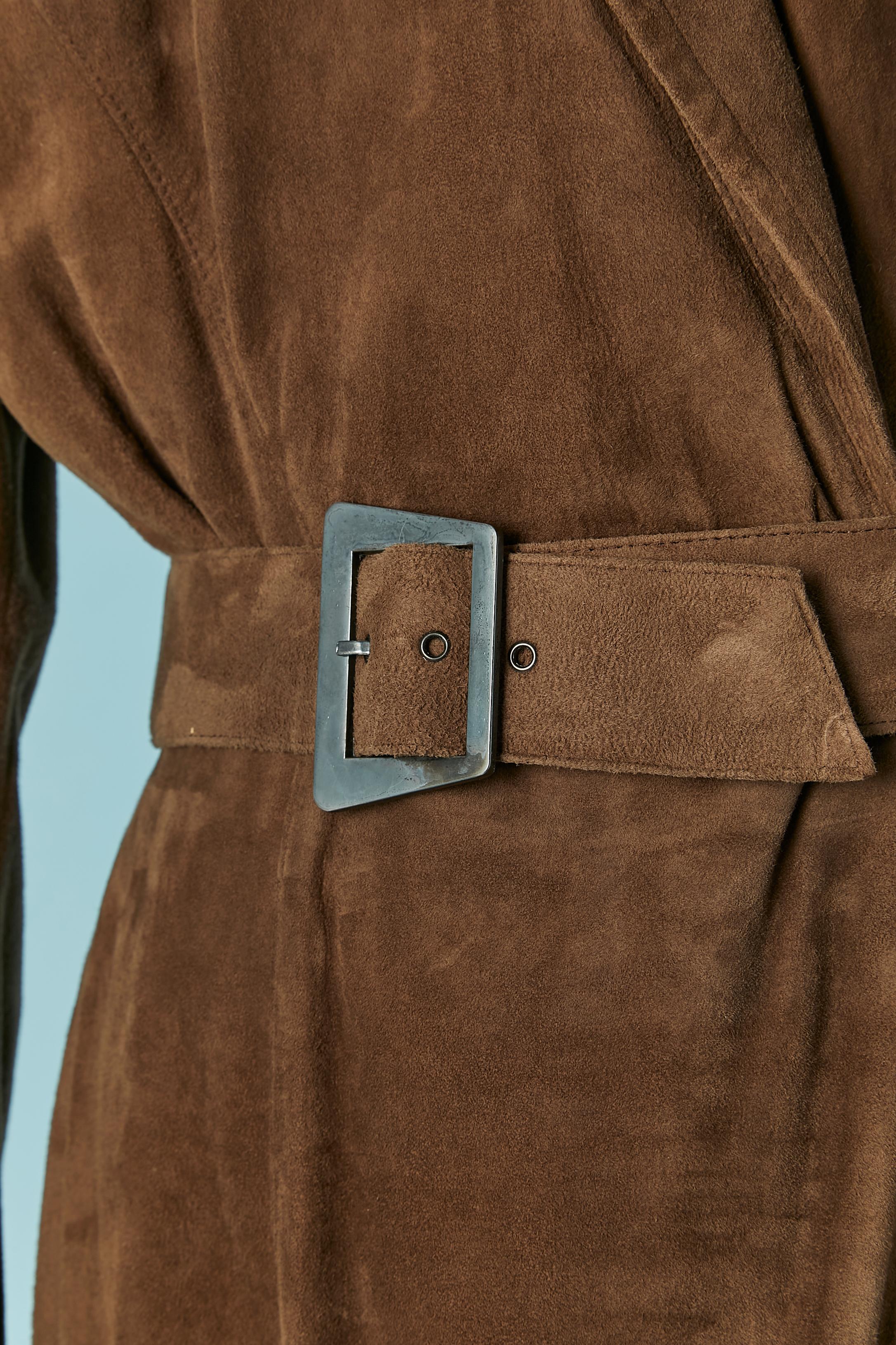 Women's Brown sued wrap dress with belt and snap closure Thierry Mugler Circa 1990 For Sale