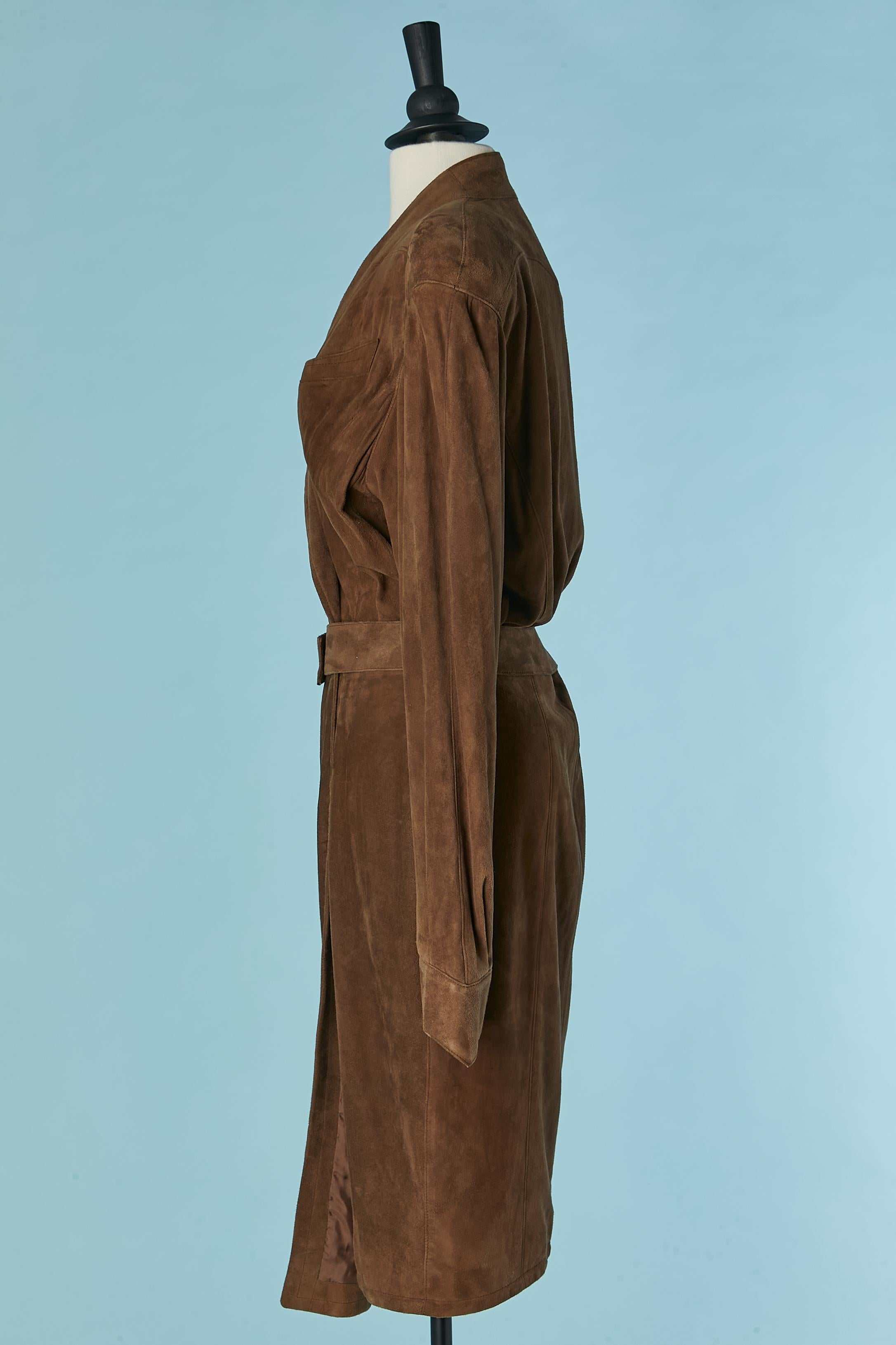 Brown sued wrap dress with belt and snap closure Thierry Mugler Circa 1990 For Sale 1