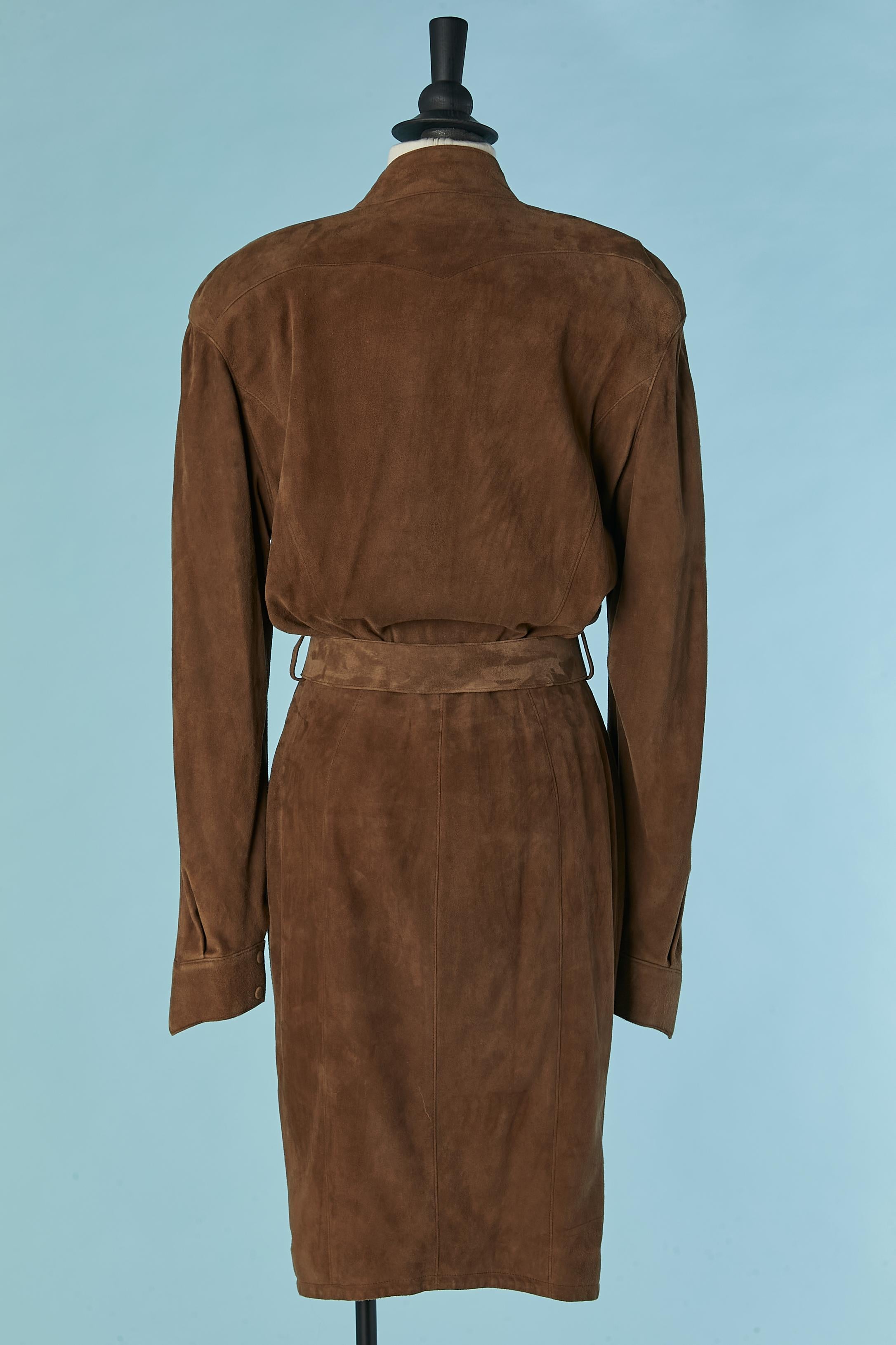 Brown sued wrap dress with belt and snap closure Thierry Mugler Circa 1990 For Sale 2