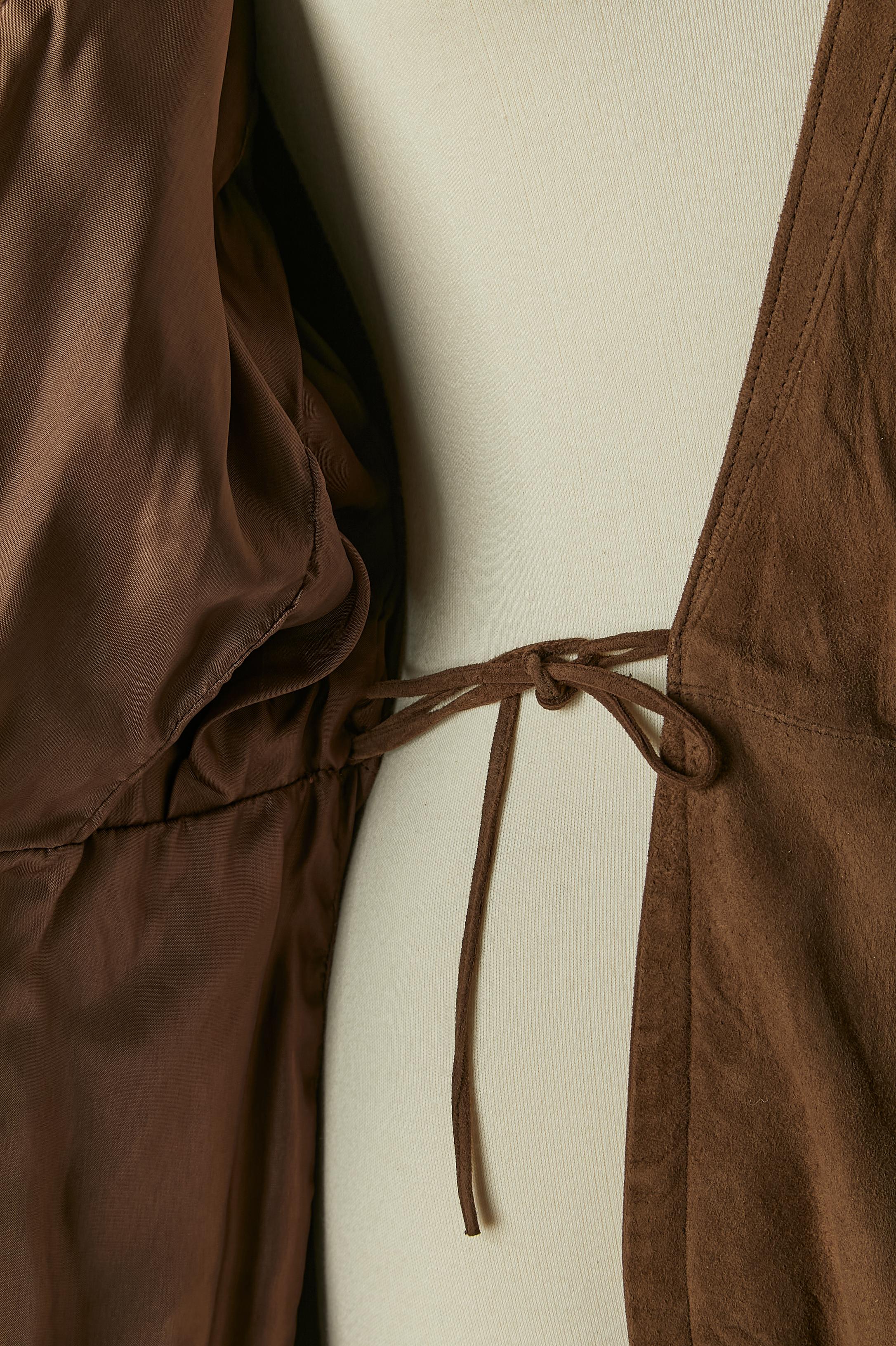 Brown sued wrap dress with belt and snap closure Thierry Mugler Circa 1990 For Sale 3