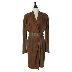 Brown sued wrap dress with belt and snap closure Thierry Mugler Circa 1990