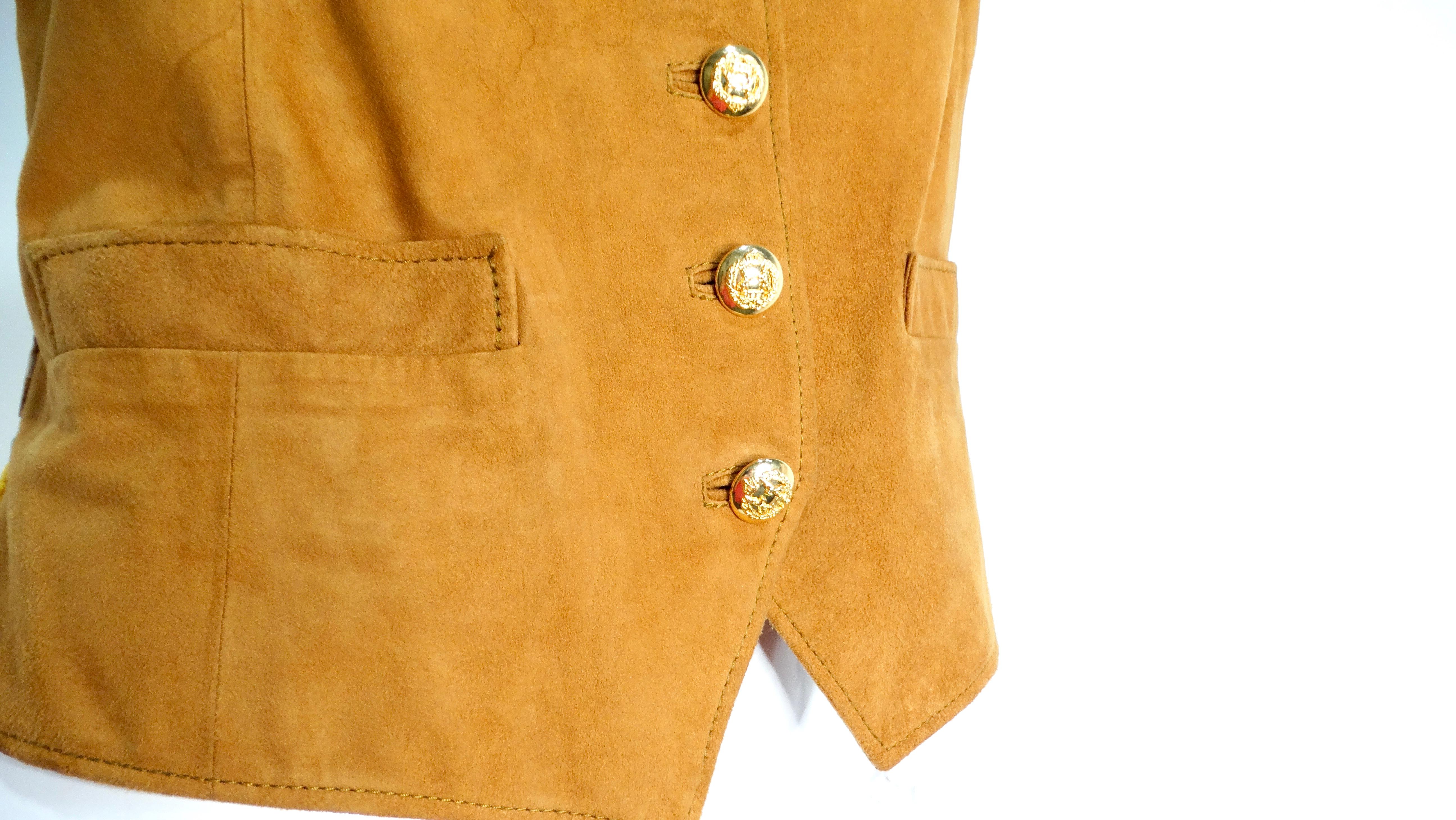 Brown Suede and Silk Printed Horse & Flowers Motif Vest In Good Condition For Sale In Scottsdale, AZ
