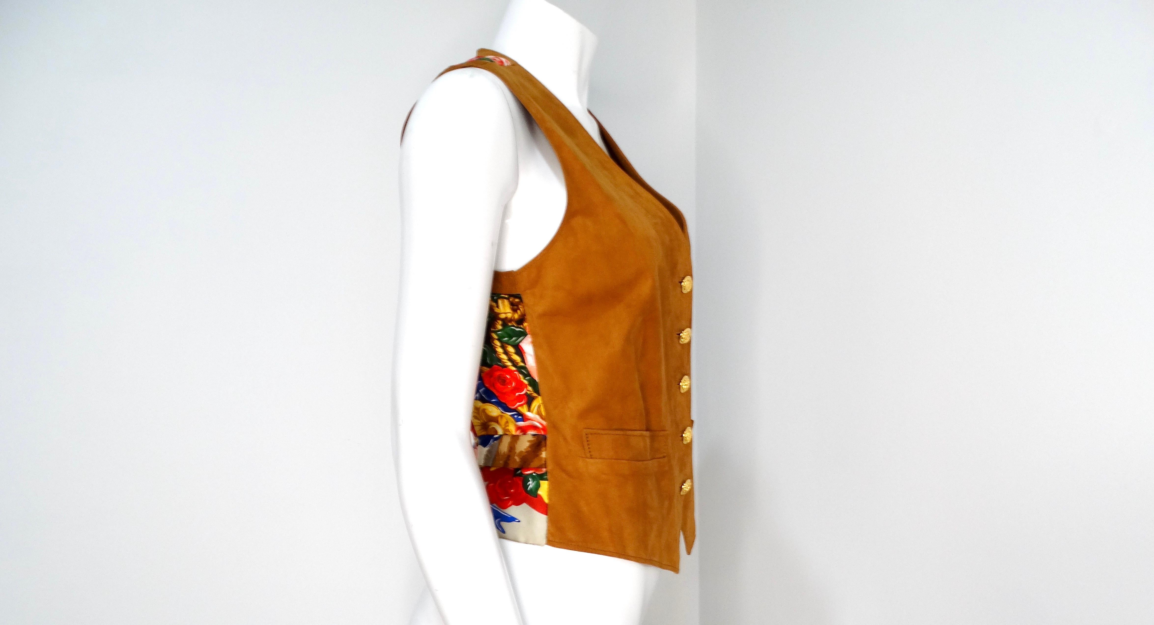 Women's Brown Suede and Silk Printed Horse & Flowers Motif Vest For Sale