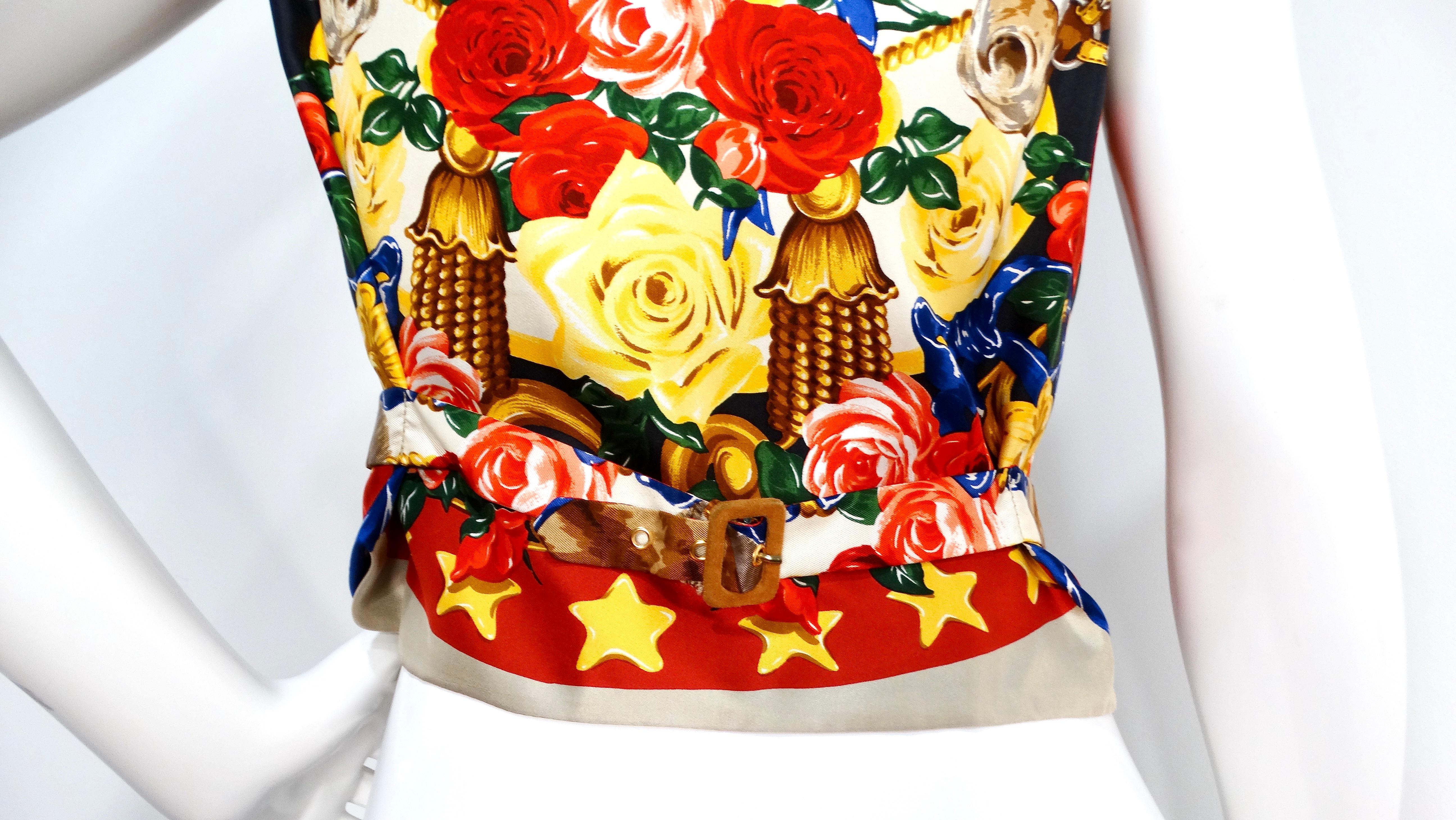 Brown Suede and Silk Printed Horse & Flowers Motif Vest For Sale 1