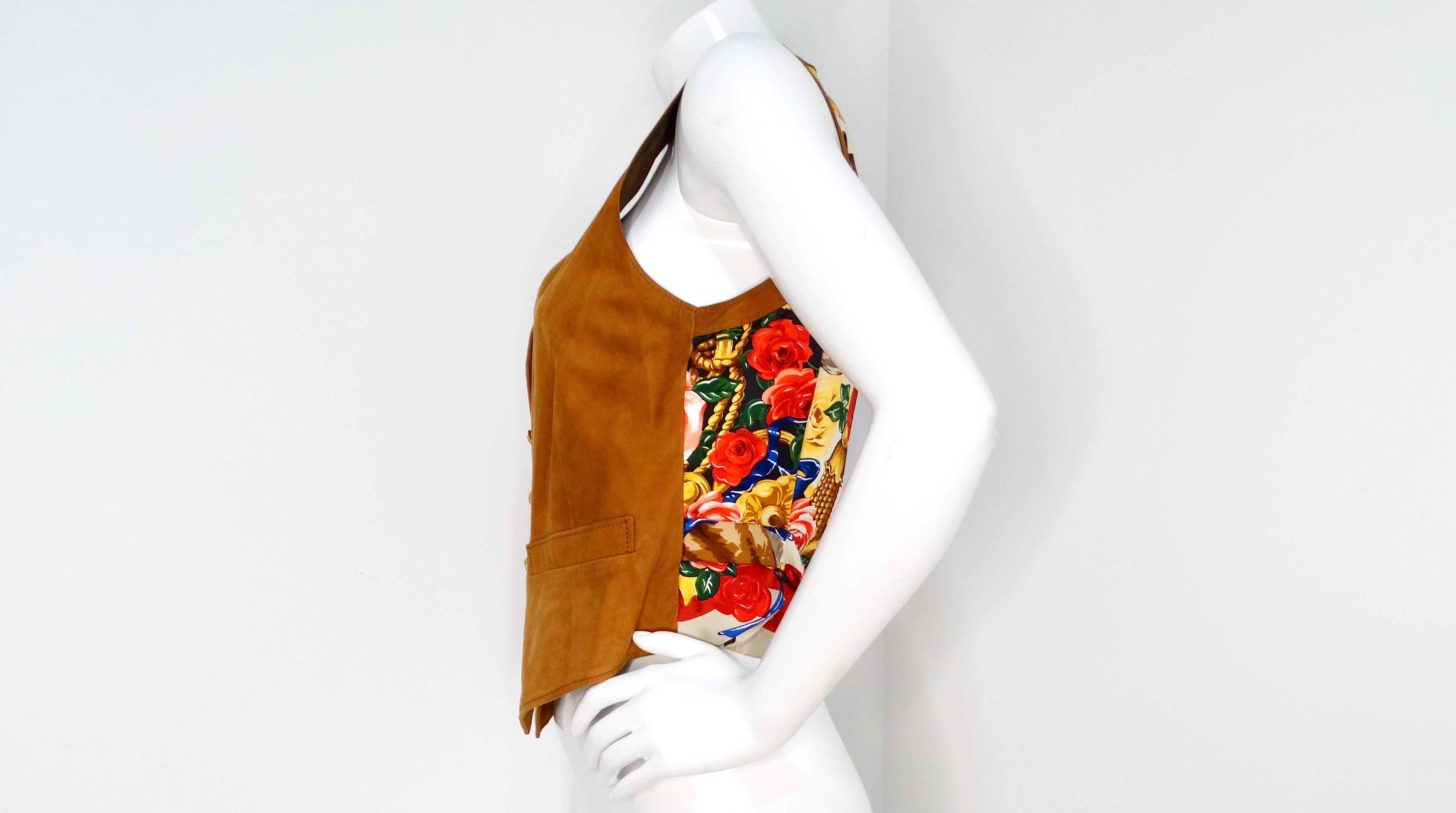 Brown Suede and Silk Printed Horse & Flowers Motif Vest For Sale 2