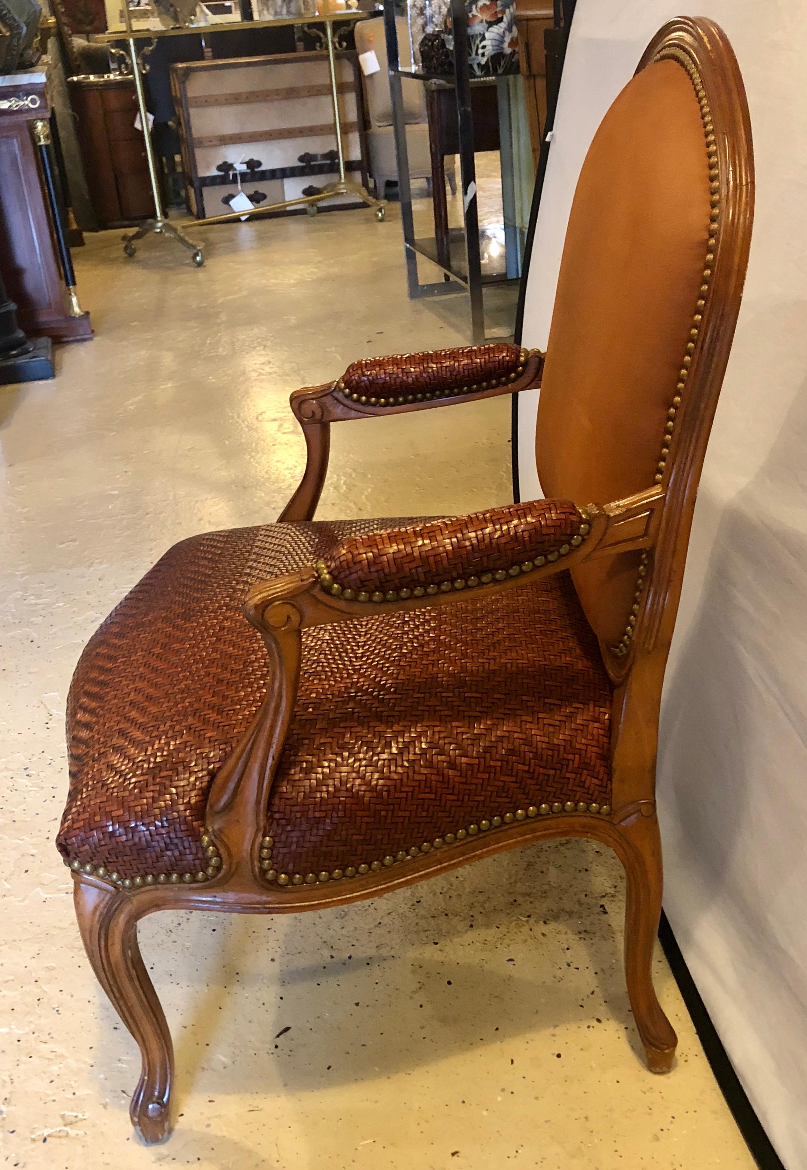 Louis XV Brown Suede and Tweed Leather Bergère Arm or Office Desk Chair Brunschwig & Fils