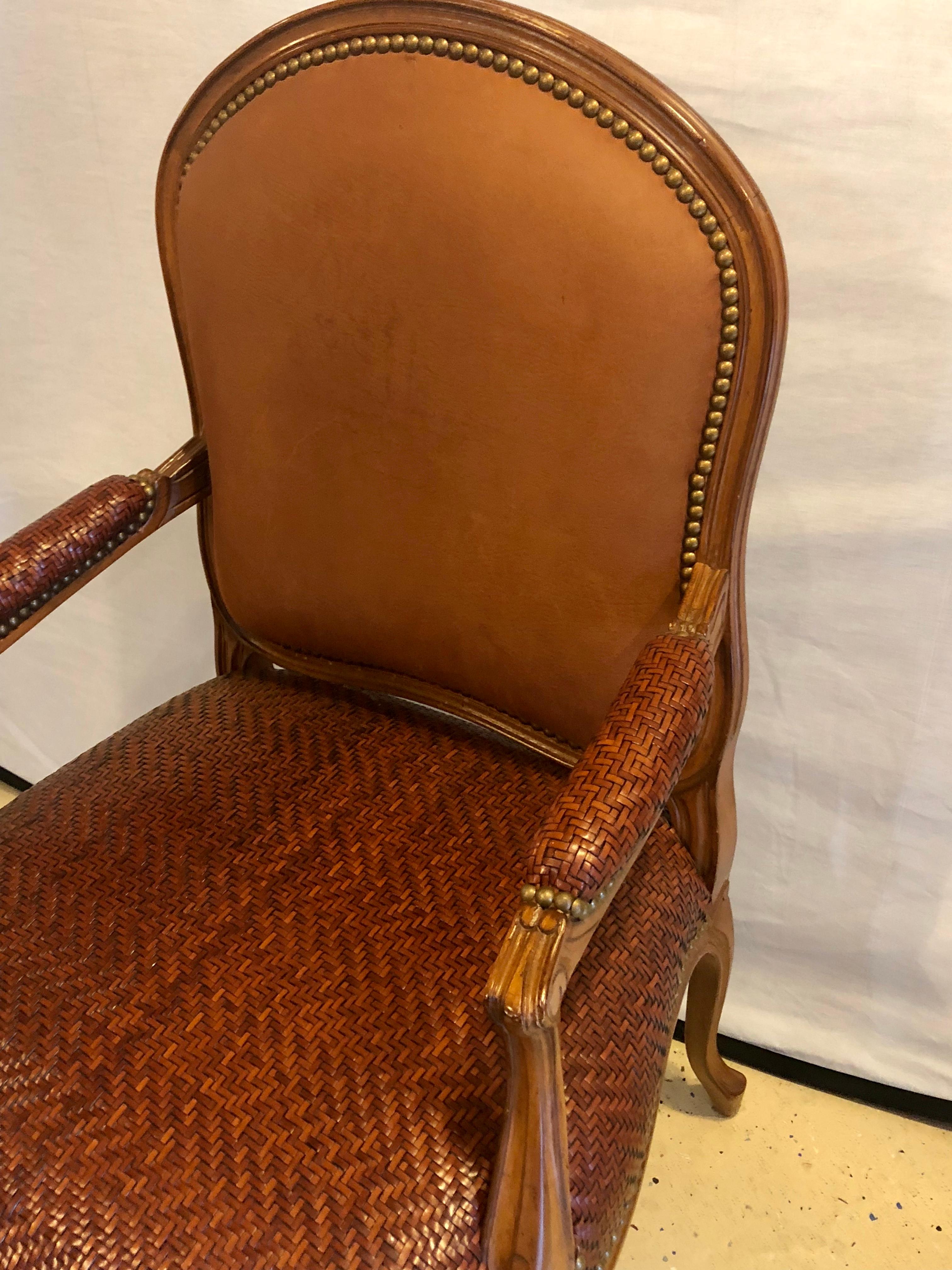 Brown Suede and Tweed Leather Bergère Arm or Office Desk Chair Brunschwig & Fils In Good Condition In Stamford, CT