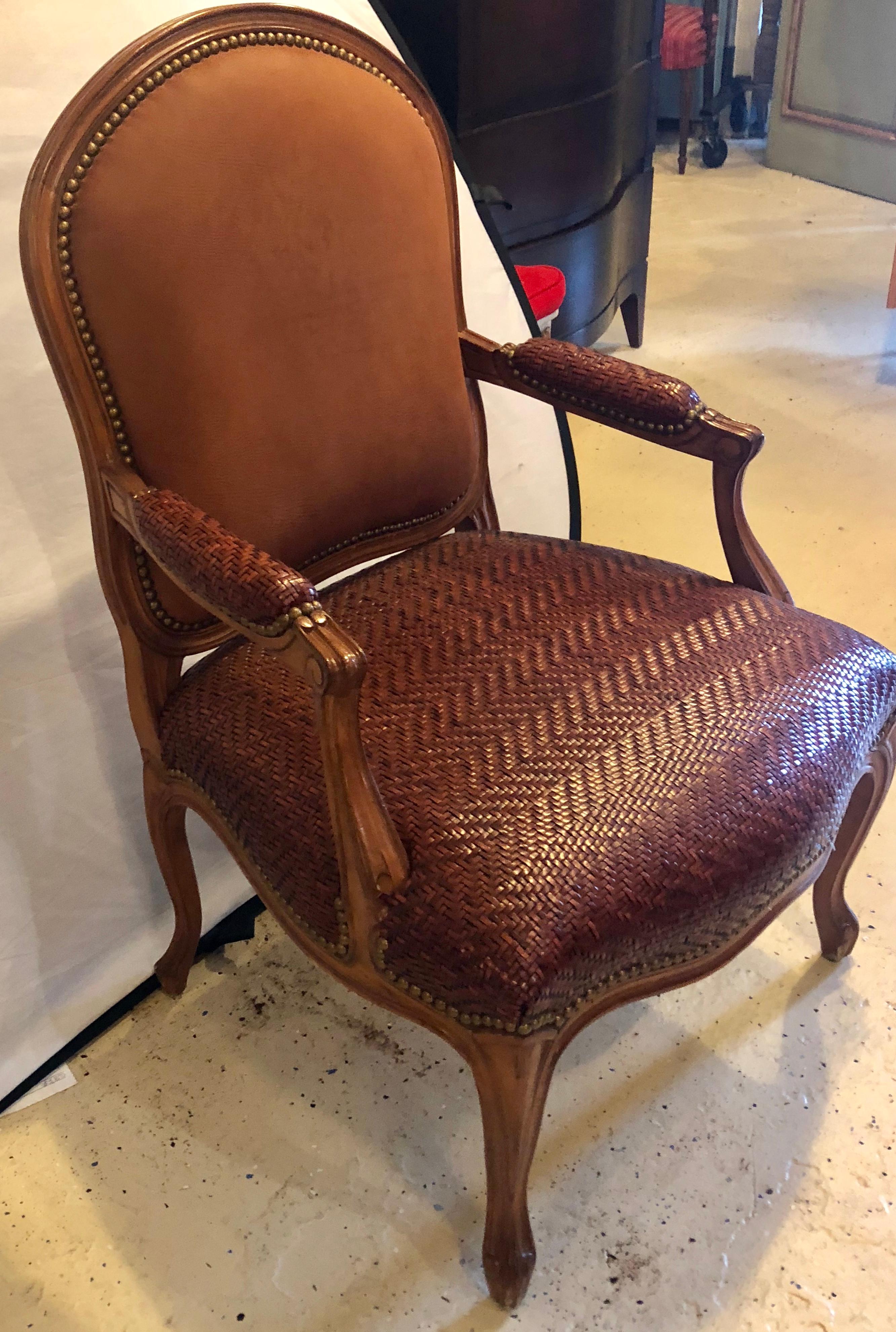 20th Century Brown Suede and Tweed Leather Bergère Arm or Office Desk Chair Brunschwig & Fils