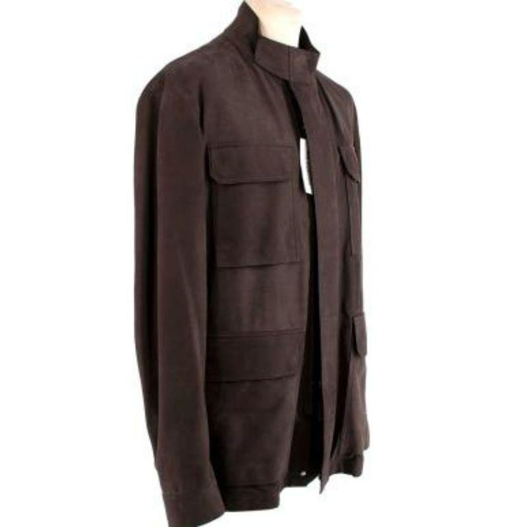 Ermenegildo Zegna Brown Suede Aviator Jacket
 
 
 
 - Luxurious suede body with a classic fit
 
 - Fantastic fitting jacket.
 
 - 4 exterior patch pockets including 2 breast pockets. 
 
 - Concealed zip closure
 
 - Interior pocket.
 
 - Buttoned