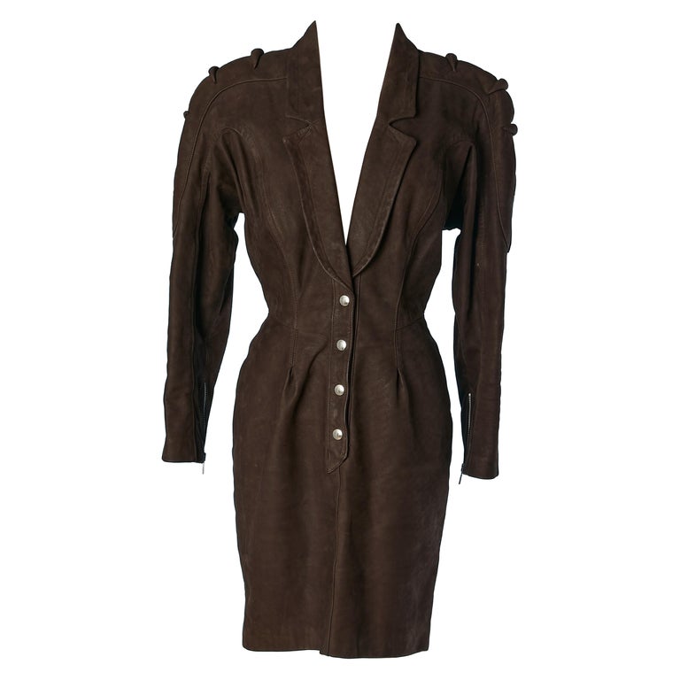 Brown suede dress with cut-work and metallic snap Thierry Mugler For Sale  at 1stDibs