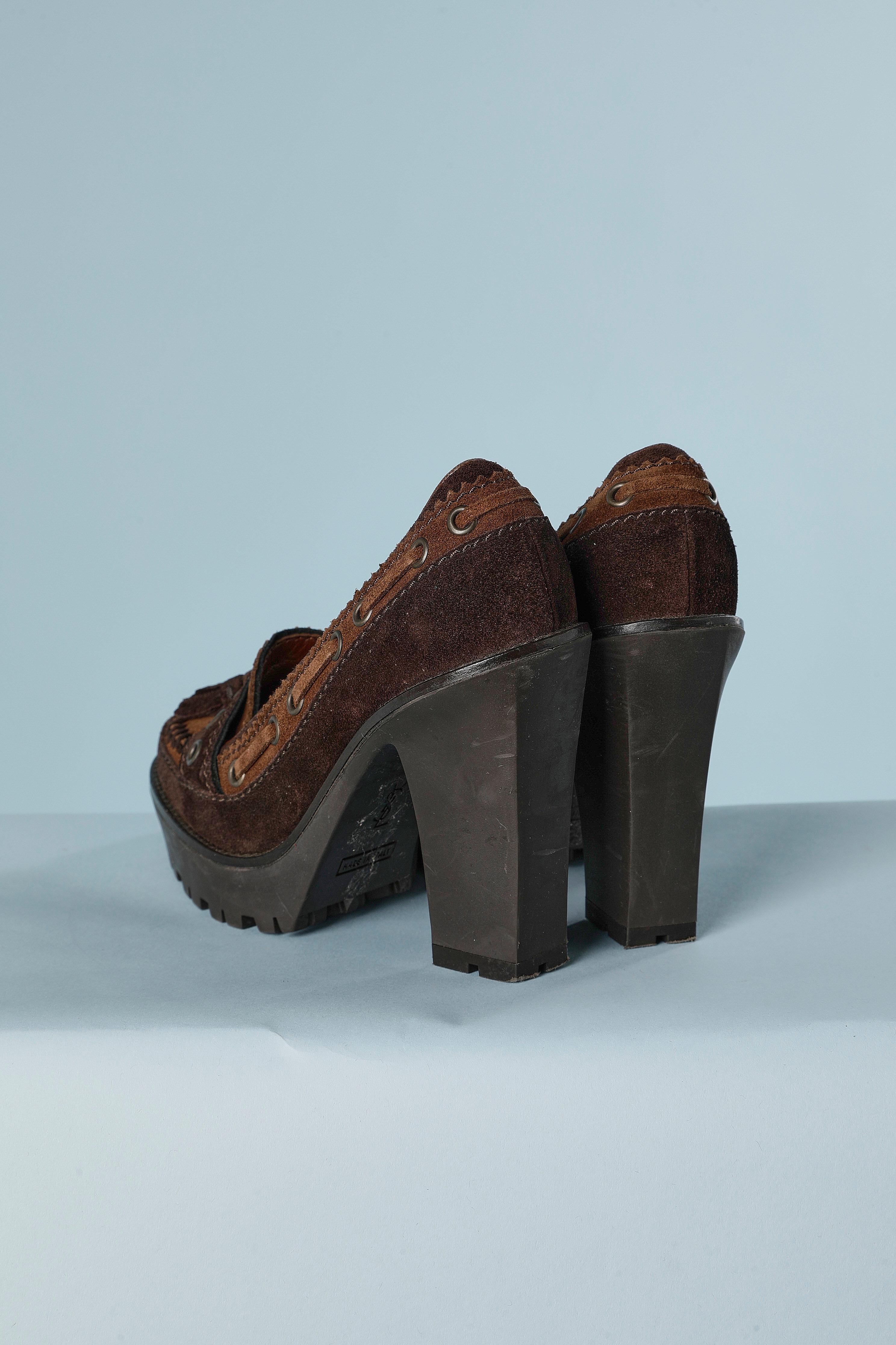 Black Brown suede heeled loafer with platform Yves Saint Laurent  For Sale