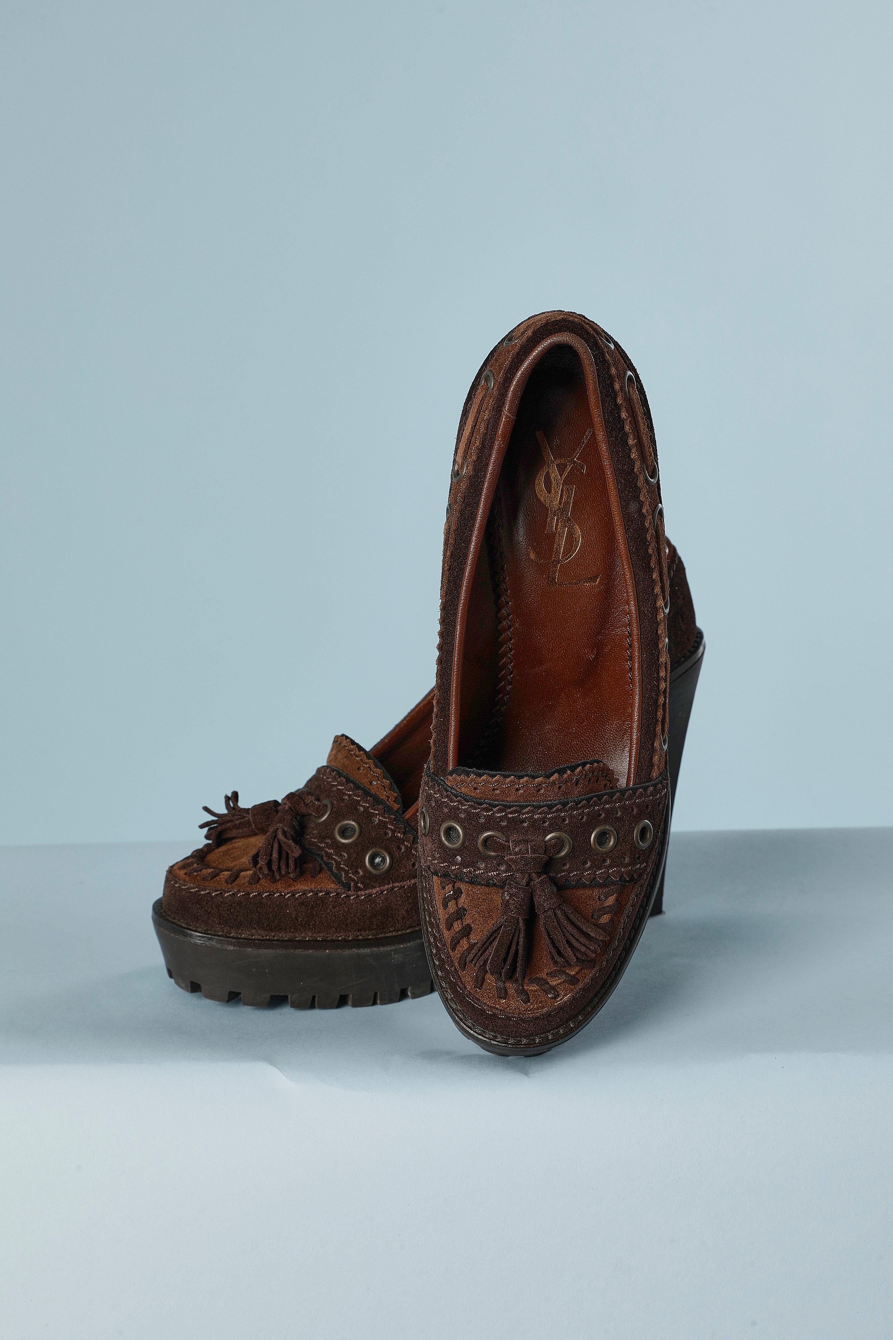 Brown suede heeled loafer with platform Yves Saint Laurent  In Excellent Condition For Sale In Saint-Ouen-Sur-Seine, FR