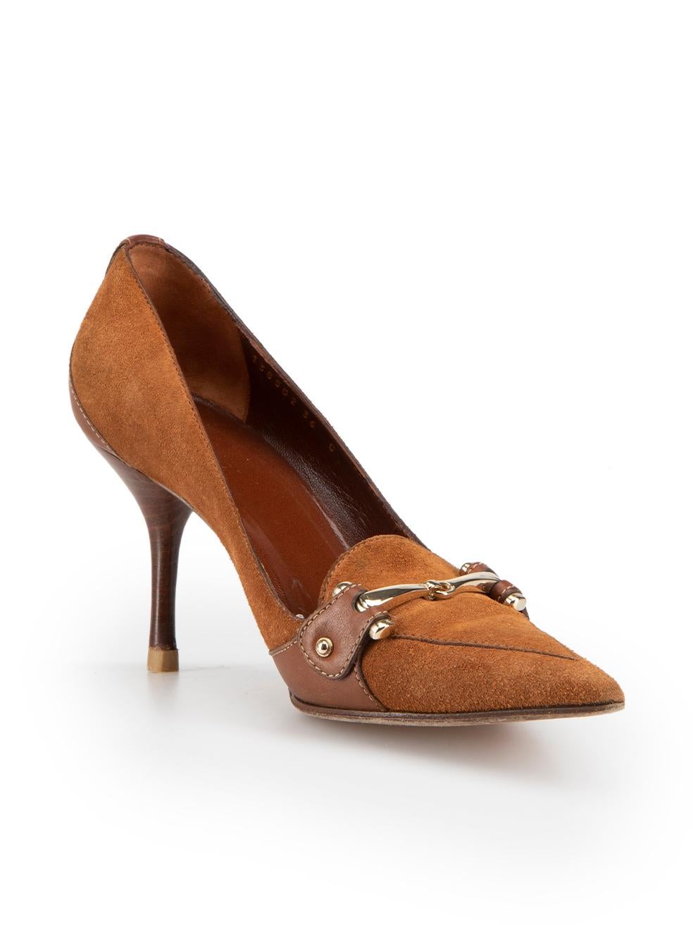 CONDITION is Very good. Minimal wear to shoes is evident. Minimal wear to the heel-stems with small scuffs on this used Gucci designer resale item. These shoes come with original dust bag.



Details


Brown

Suede

Slip on pumps

Pointed toe

High