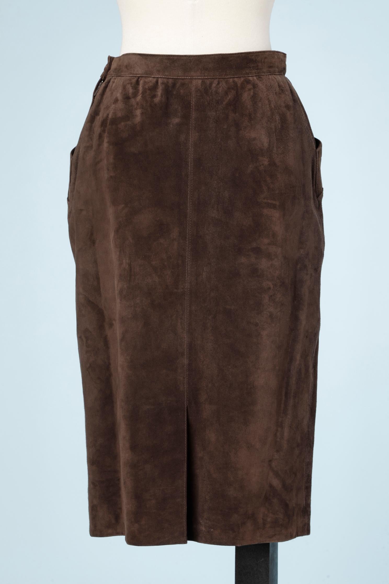 Brown suede pencil skirt Saint Laurent Rive Gauche  In Excellent Condition In Saint-Ouen-Sur-Seine, FR