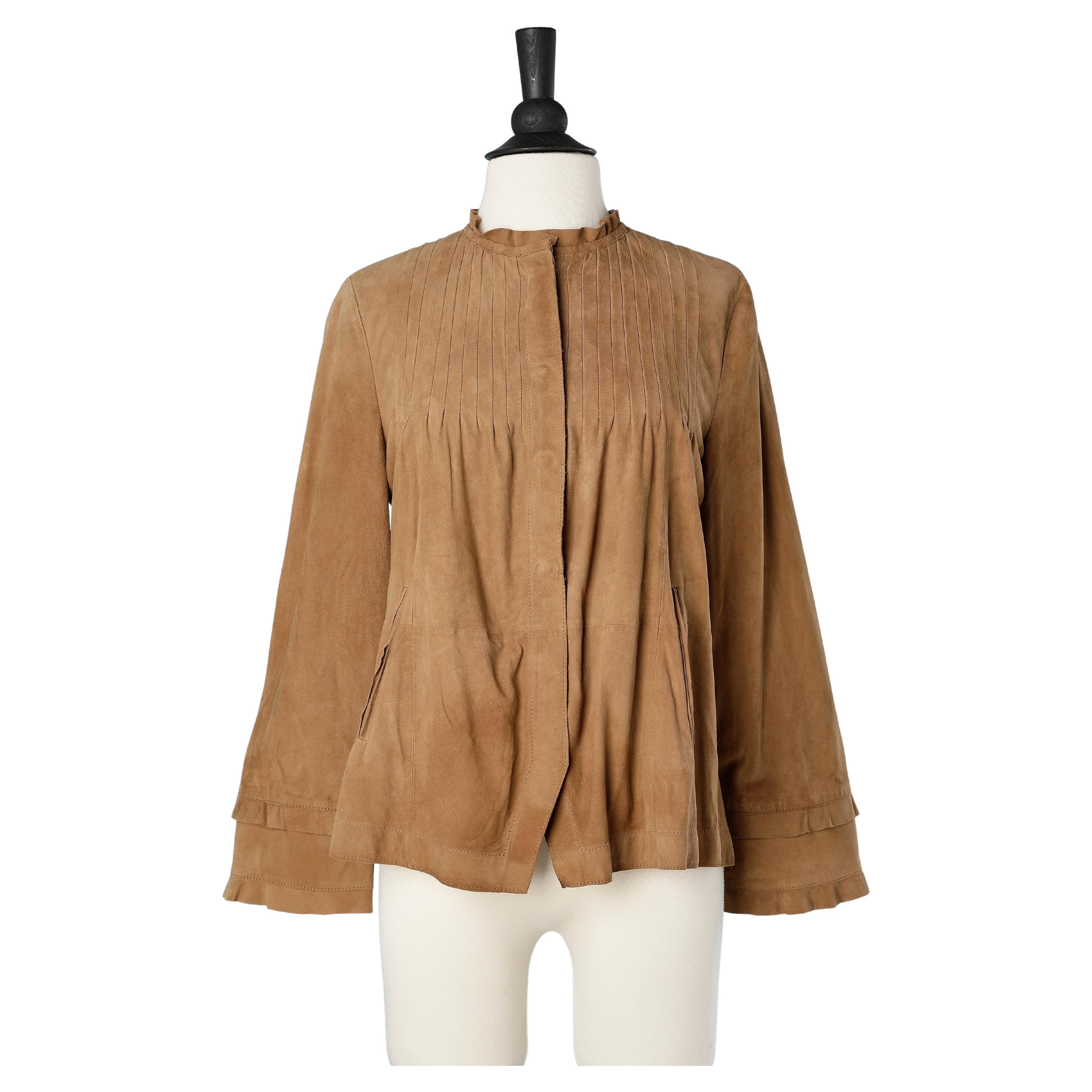 Brown suede shirt with gold metallic snaps Carolina Herrera NEW 