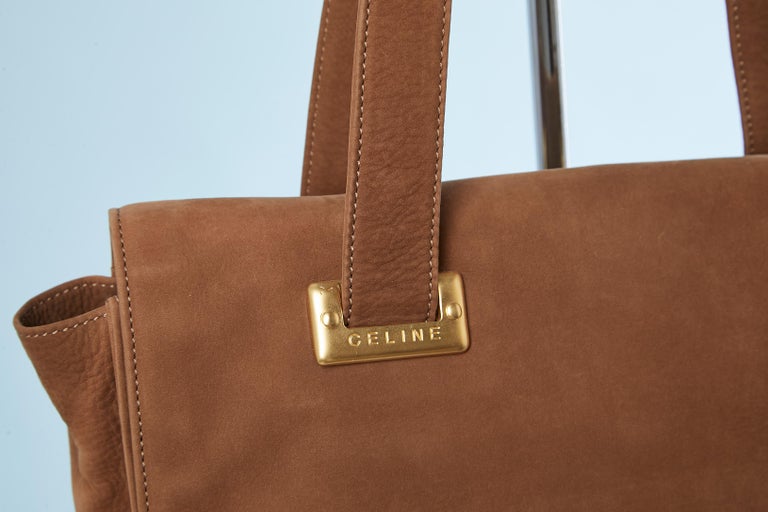 Brown suede shoulder bag with flap and gold metal hardware Céline For